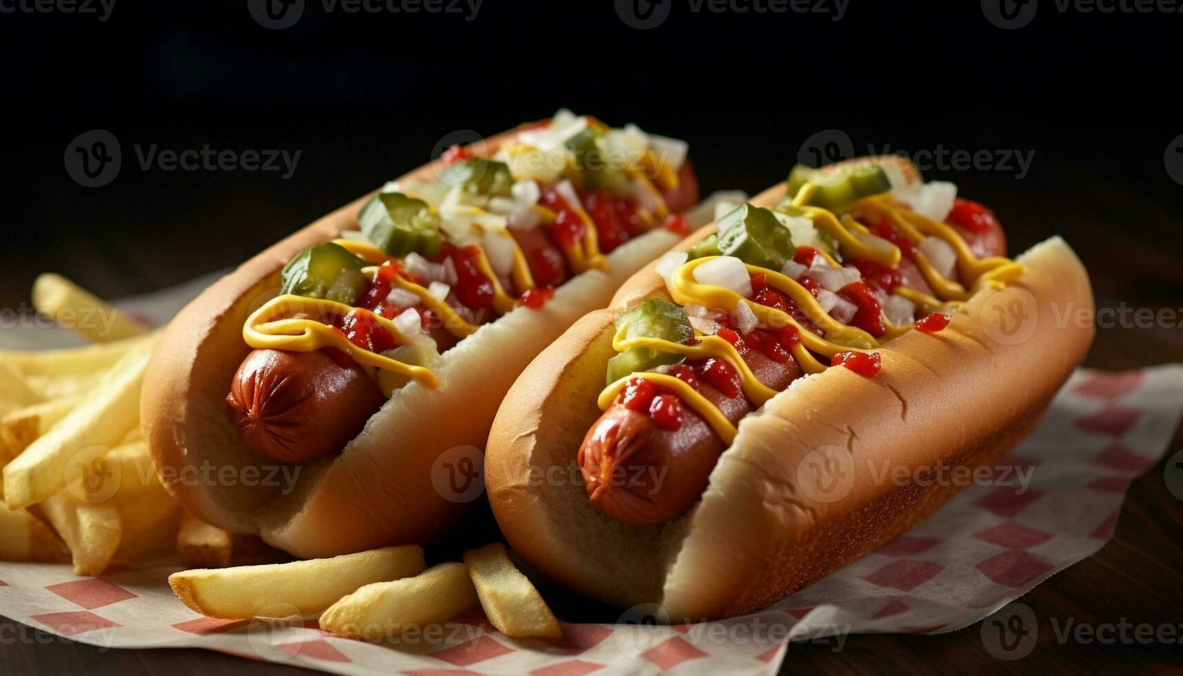 AI generated Grilled hot dog with fries, a tasty meal generated by AI photo