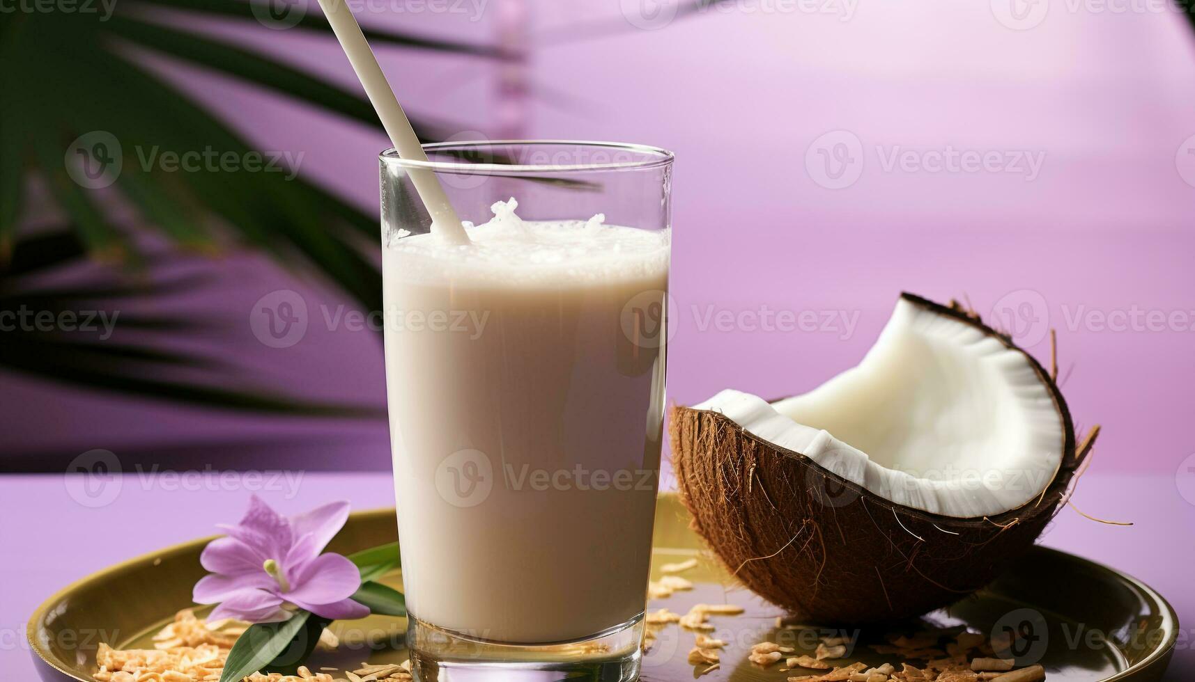 AI generated Refreshing coconut milkshake on a tropical summer table generated by AI photo