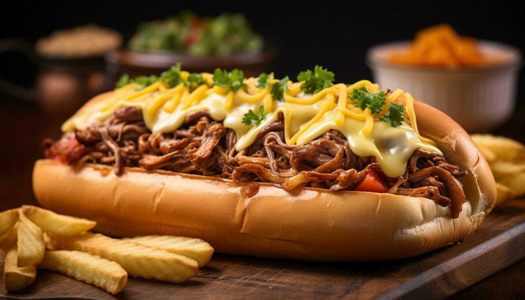 AI generated Grilled beef on bun, with fries and ketchup generated by AI photo