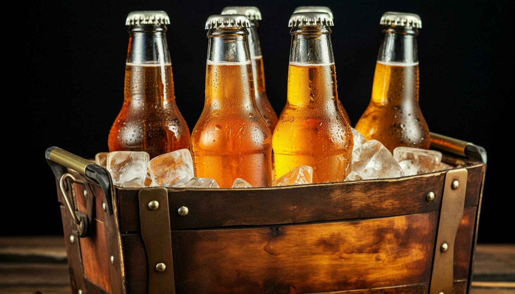 AI generated Refreshing beer bottle with ice, foam, and freshness generated by AI photo