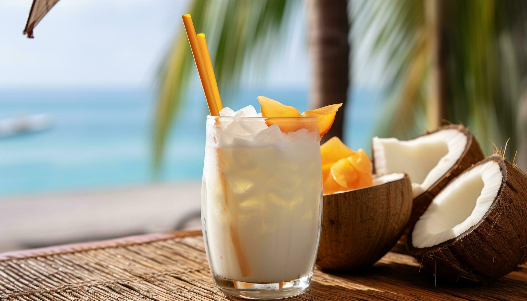 AI generated Refreshing tropical cocktail on sandy beach, summer vacation generated by AI photo