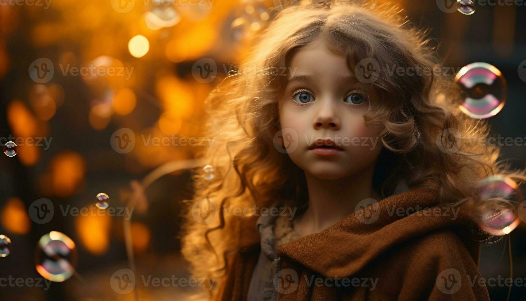 AI generated Smiling child with curly hair enjoying autumn nature generated by AI photo