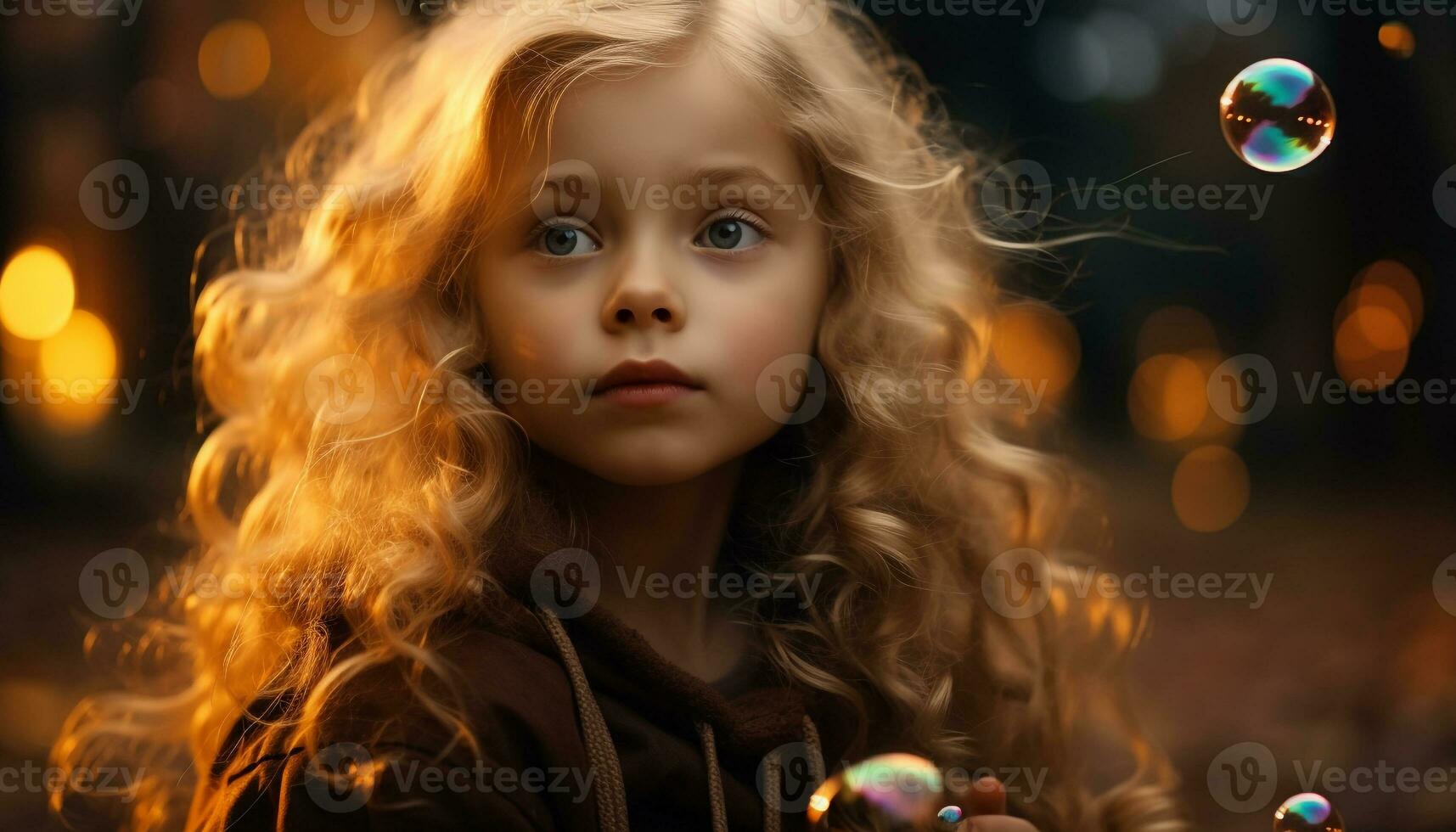 AI generated Smiling blond girl enjoying winter night beauty generated by AI photo