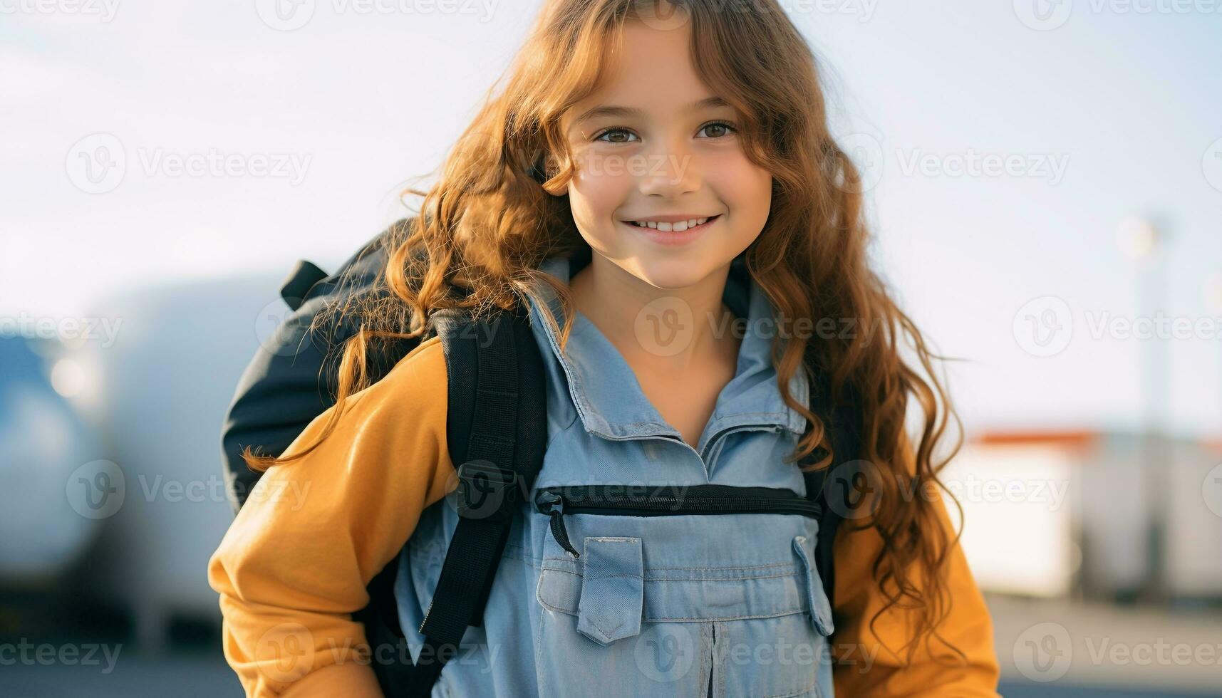 AI generated Smiling child enjoying nature, backpack and adventure generated by AI photo