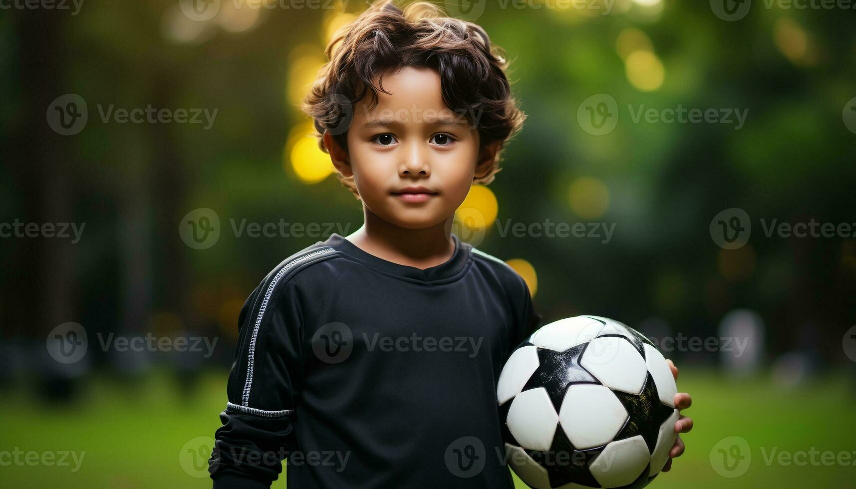 AI generated Smiling boys playing soccer, cute and cheerful generated by AI photo