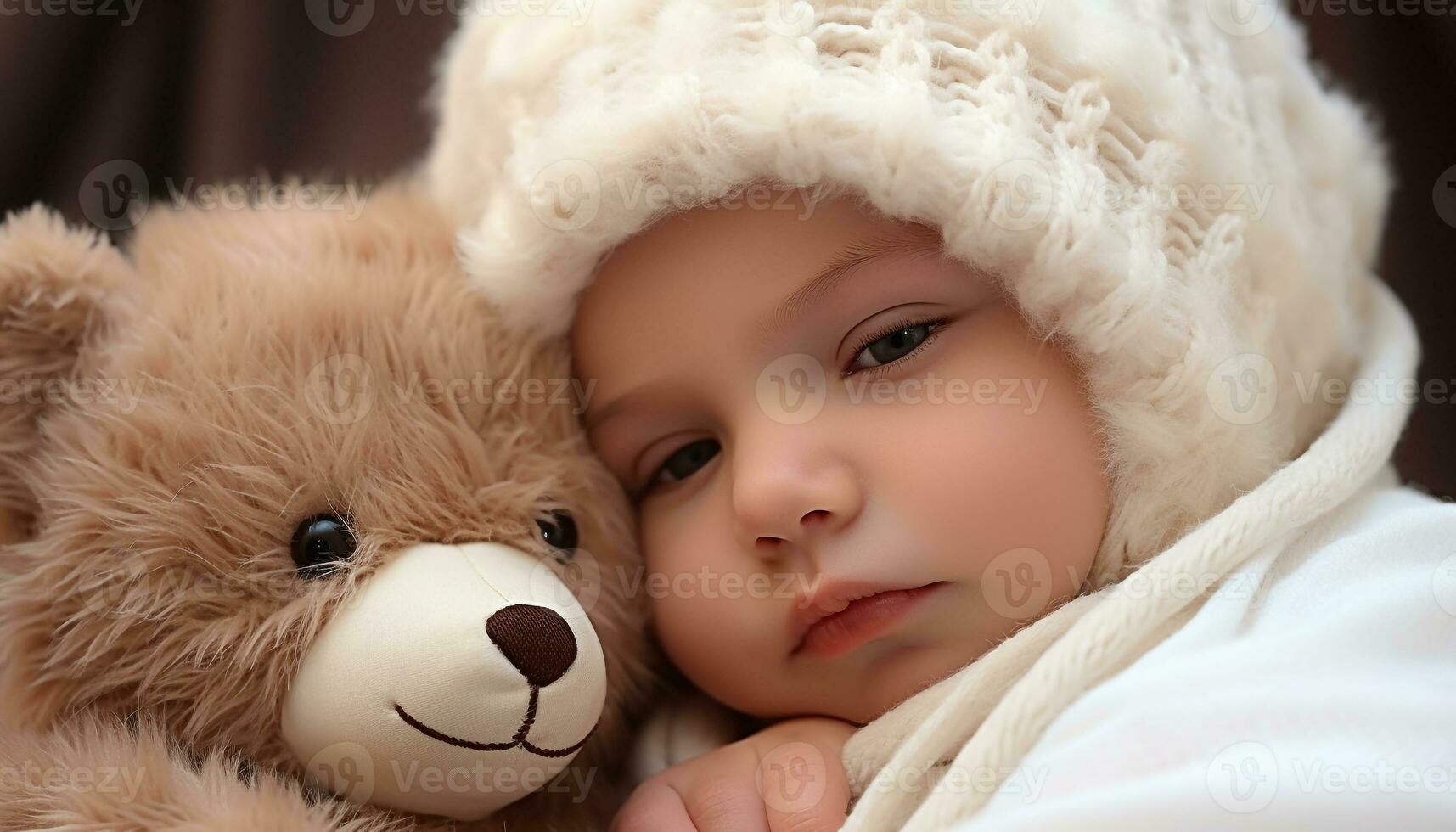 AI generated Cute child embraces teddy bear, smiling with joy and love generated by AI photo