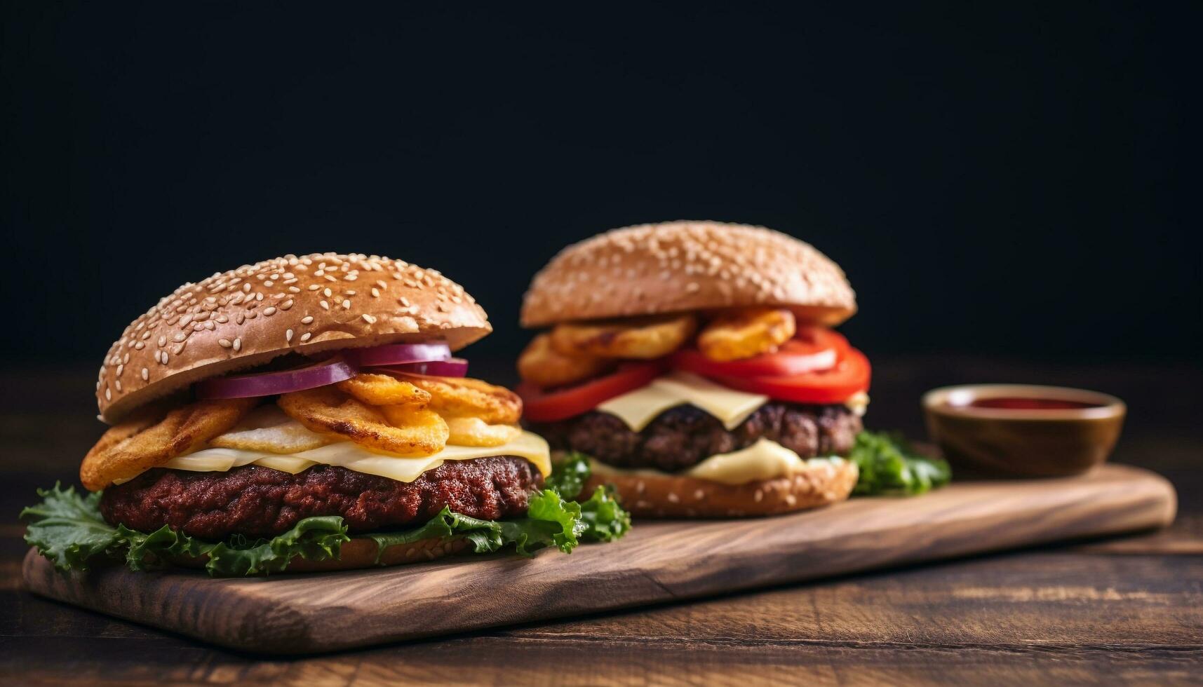 AI generated Grilled beef burger with cheese on ciabatta bread generated by AI photo