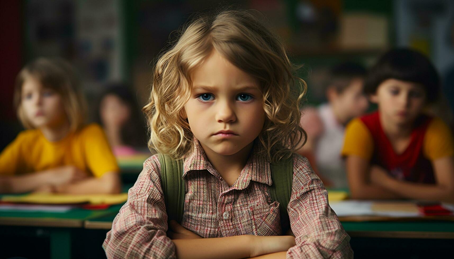 AI generated Cute school children studying indoors, looking at camera generated by AI photo