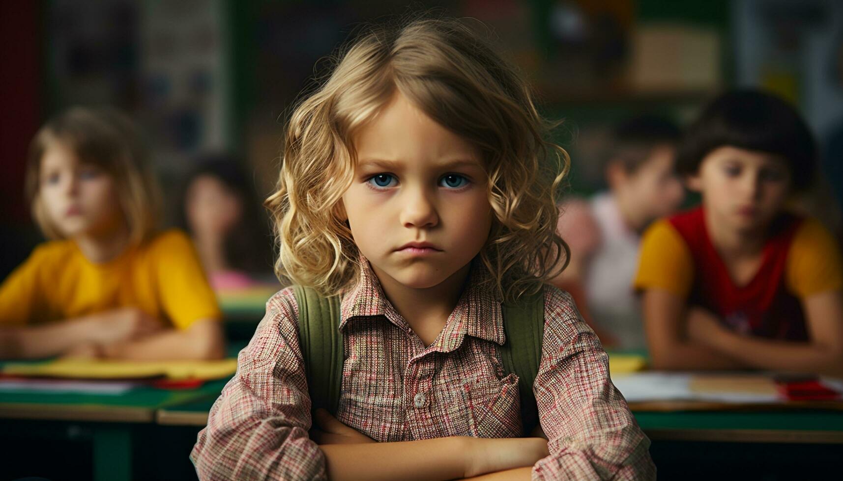 ai generado linda colegio niños estudiando adentro, mirando a cámara generado por ai foto