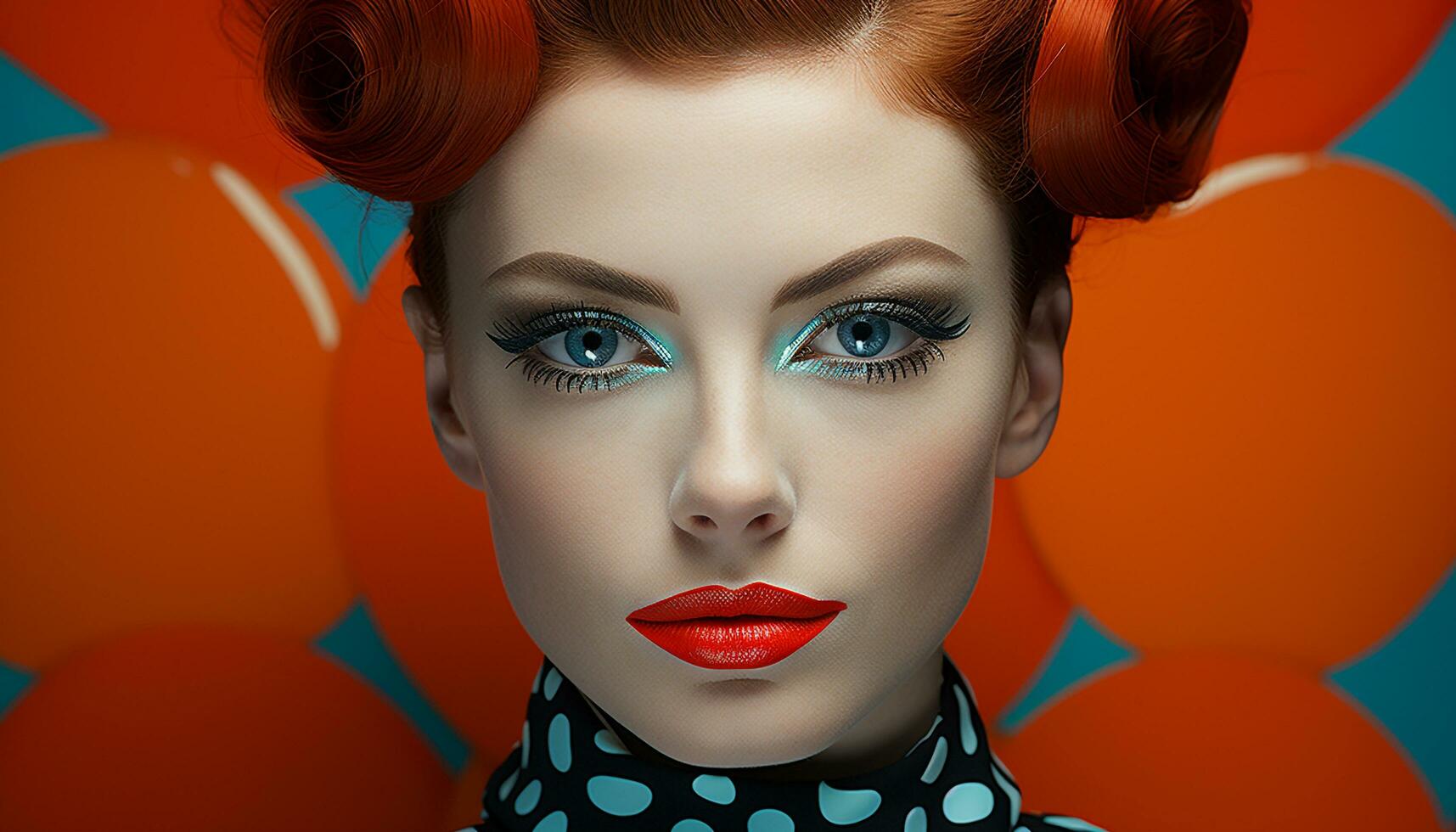 AI generated Beautiful redhead woman with curly hair and bangs generated by AI photo