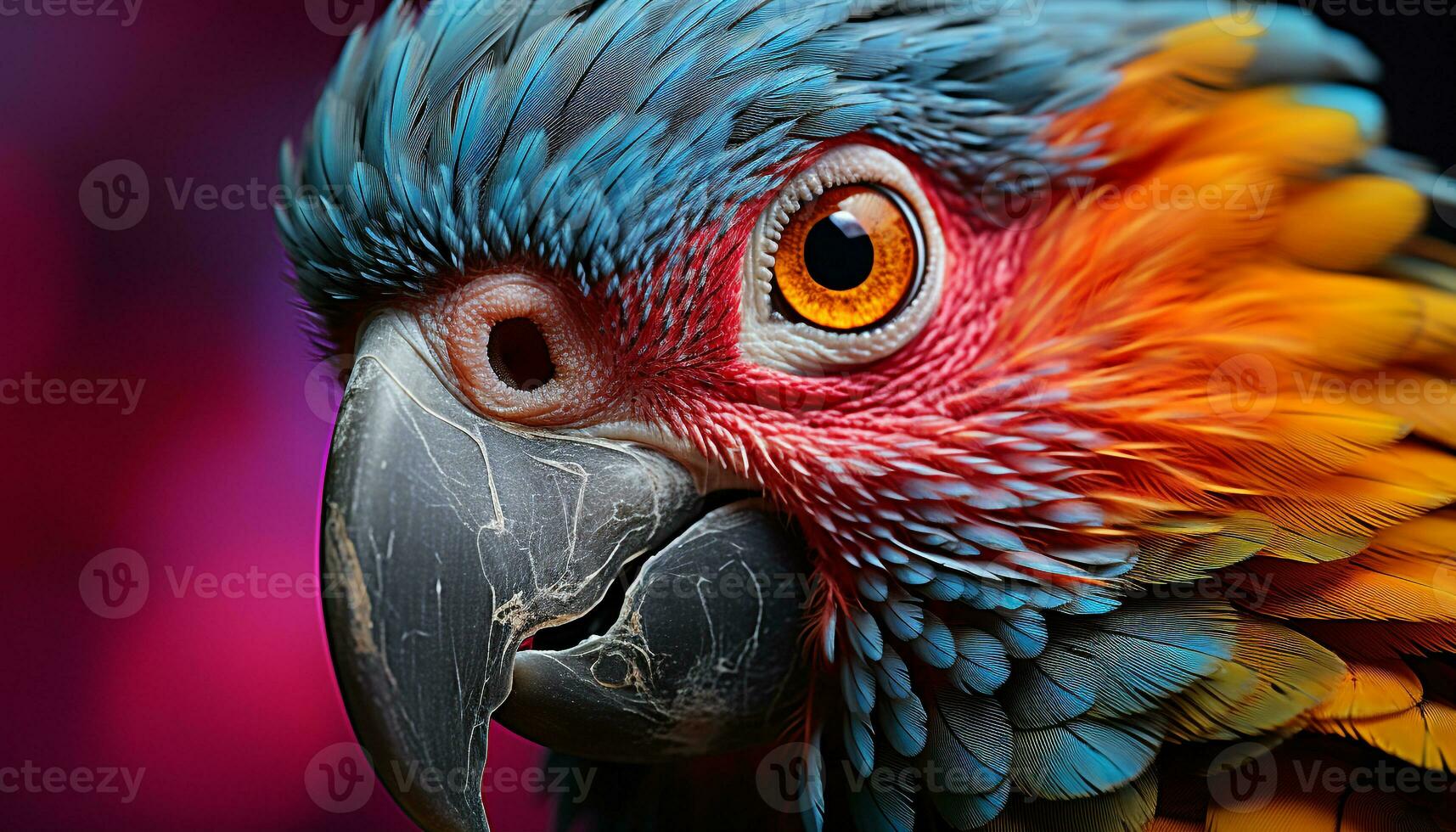 AI generated Vibrant colored macaw with beak looking at camera generated by AI photo