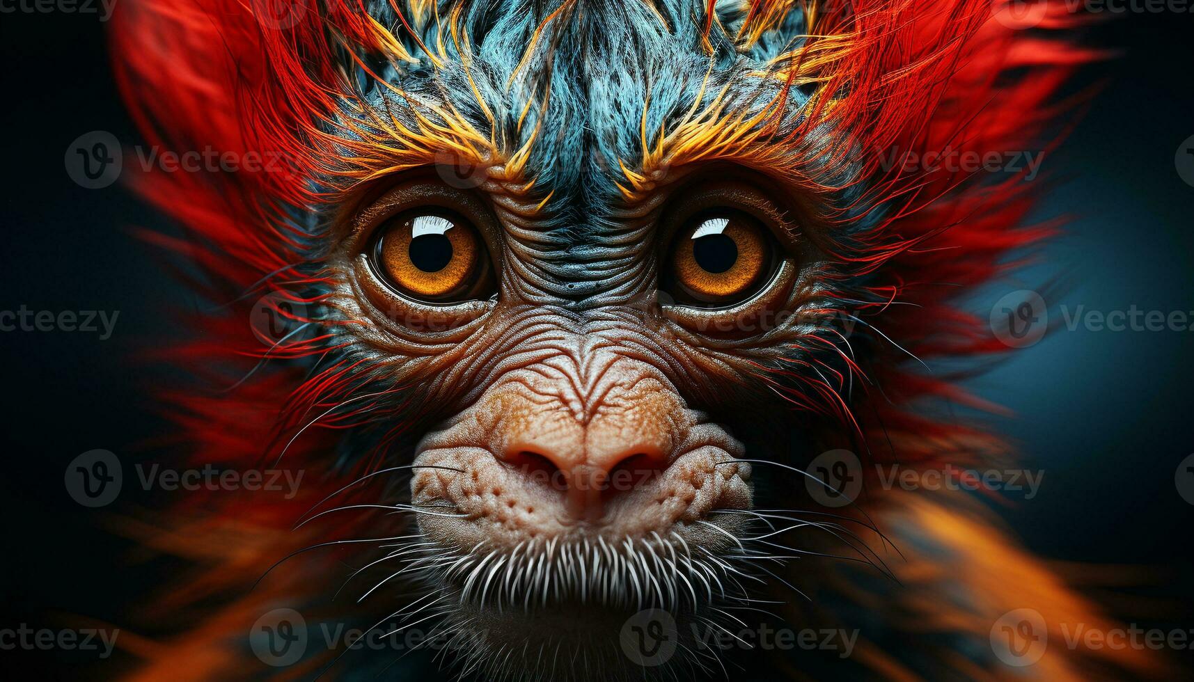 AI generated Cute monkey staring, fluffy fur, close up portrait generated by AI photo