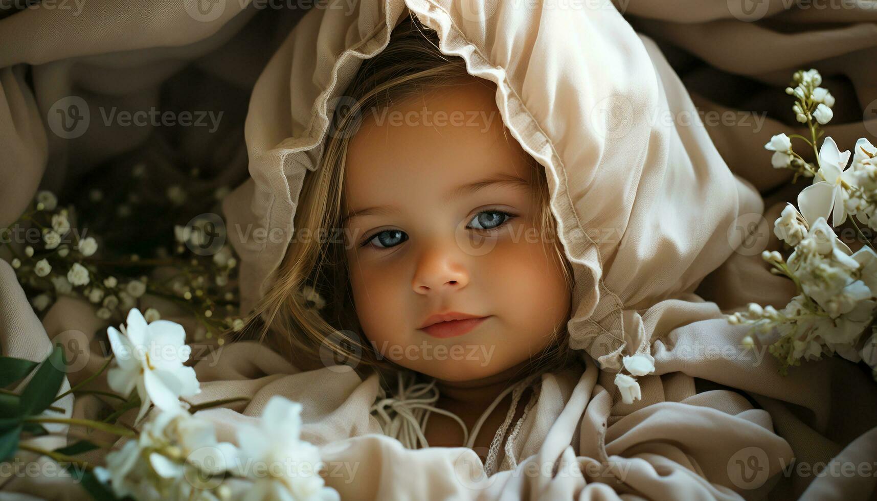 ai generado linda bebé niña sonriente, rodeado por flores generado por ai foto