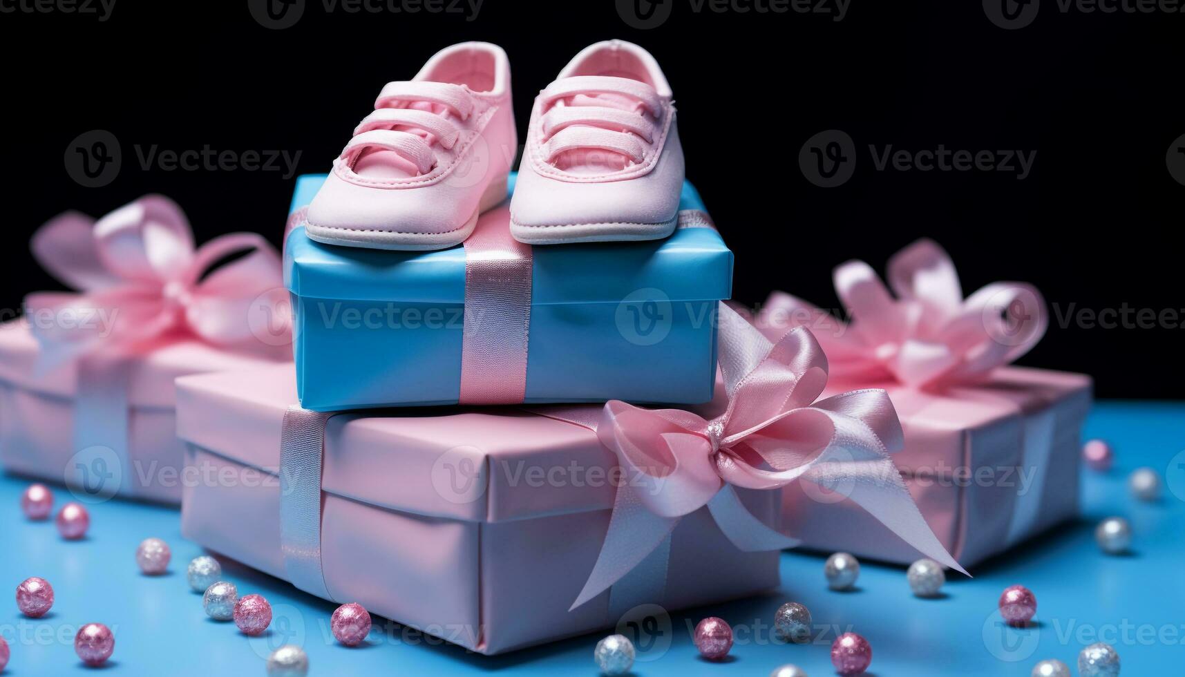 AI generated Small blue gift box with cute pink decoration generated by AI photo