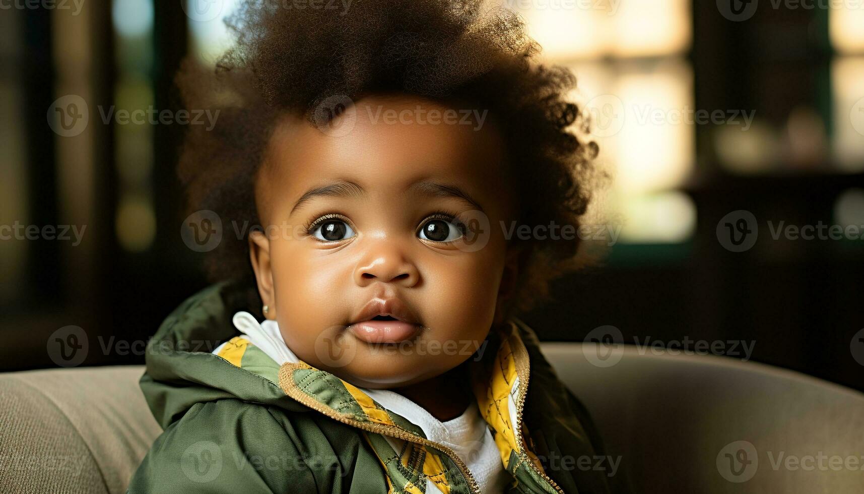 AI generated Smiling baby boy sitting indoors, looking at camera generated by AI photo