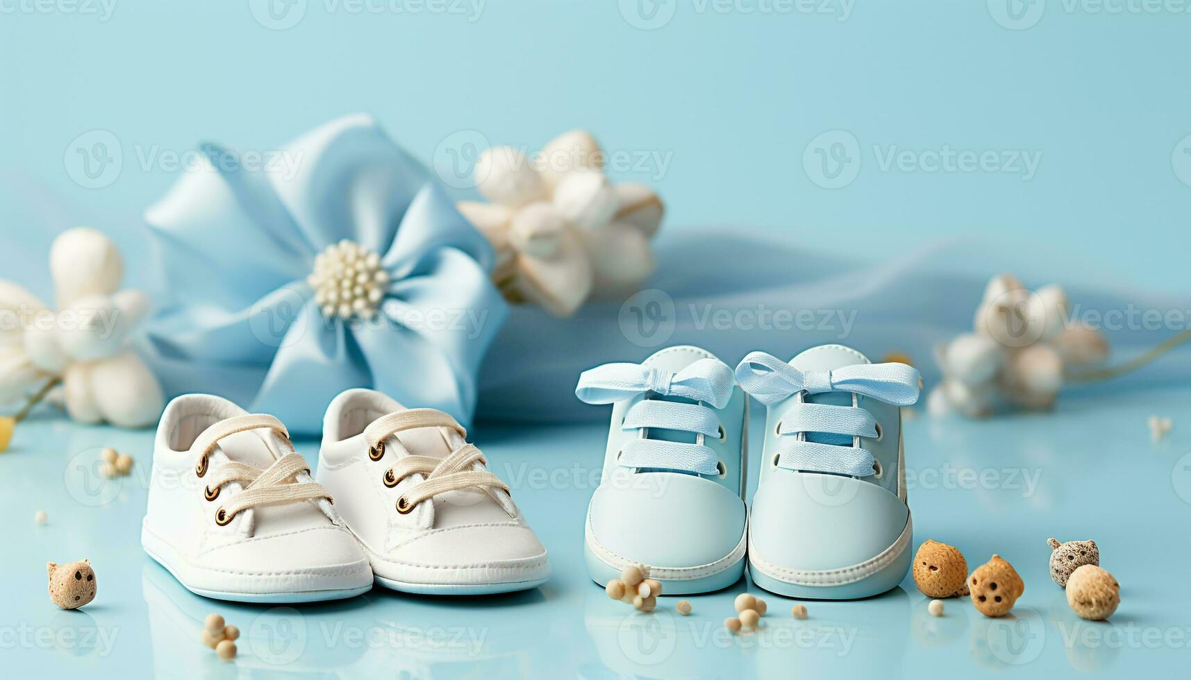 ai generado recién nacido bebé vistiendo azul botines camina en naturaleza generado por ai foto