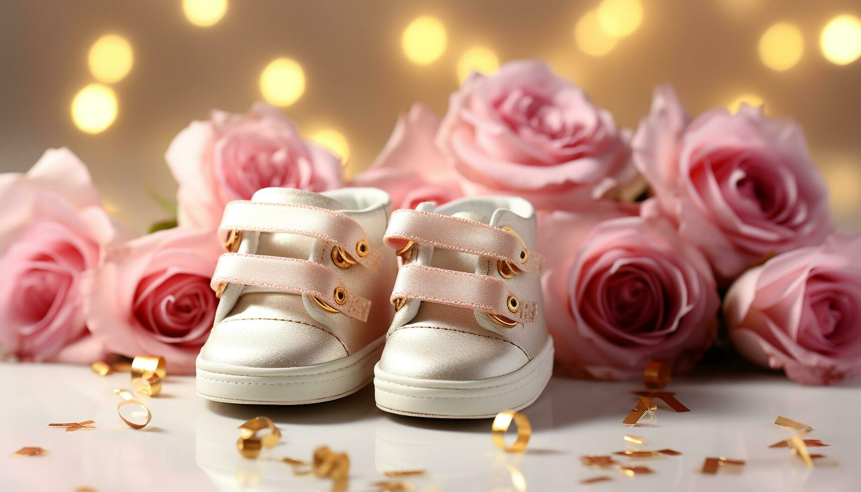 AI generated Celebration of love baby booties, pink petals generated by AI photo