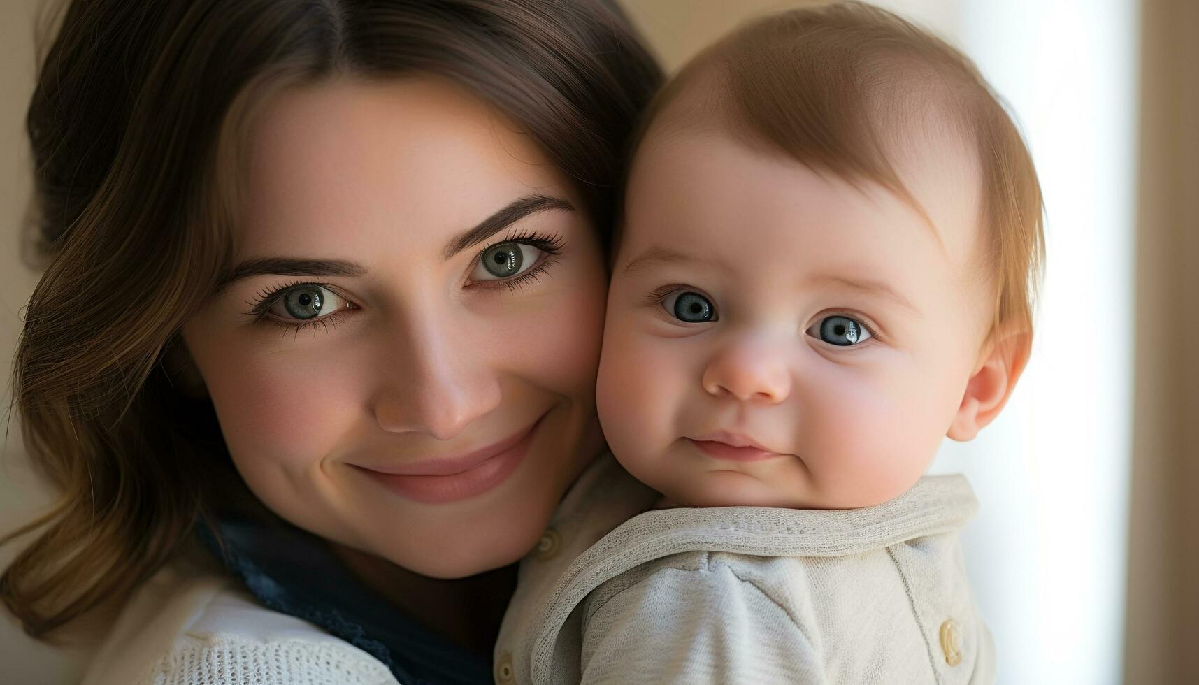 ai generado sonriente madre abrazando linda bebé, amor y felicidad generado por ai foto