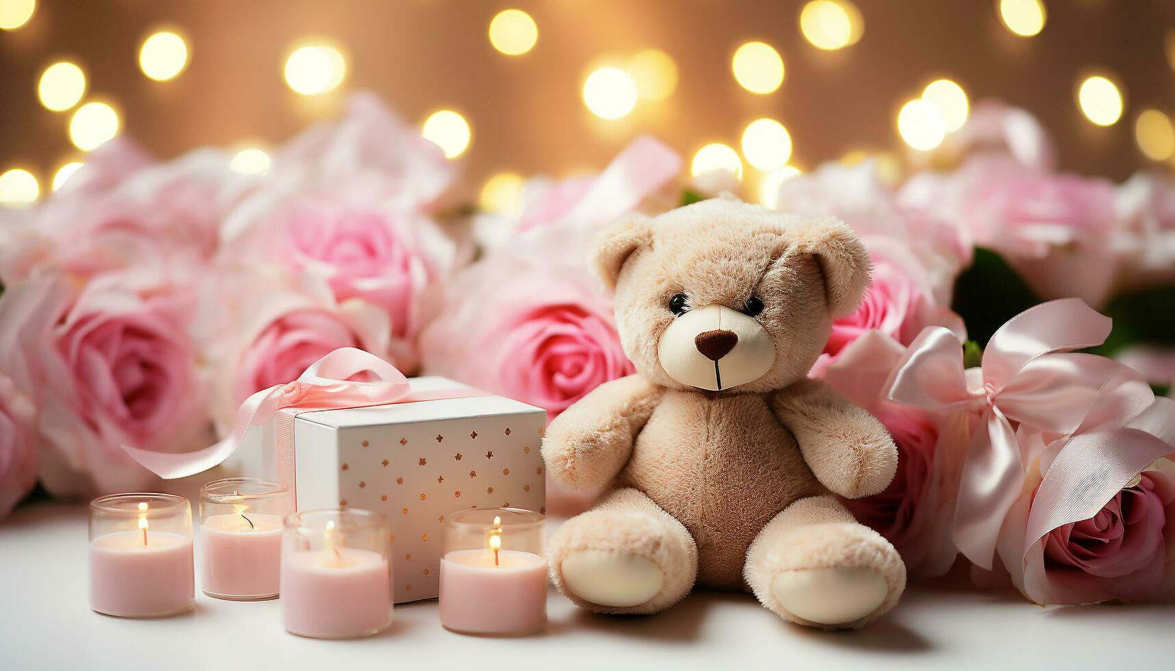 AI generated Cute teddy bear with pink candle decoration generated by AI photo