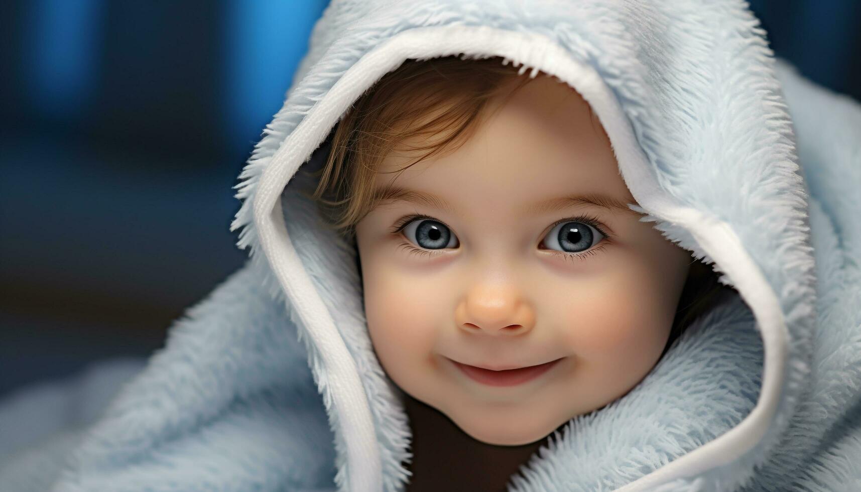 ai generado sonriente bebé chico en azul capucha mirando alegre generado por ai foto