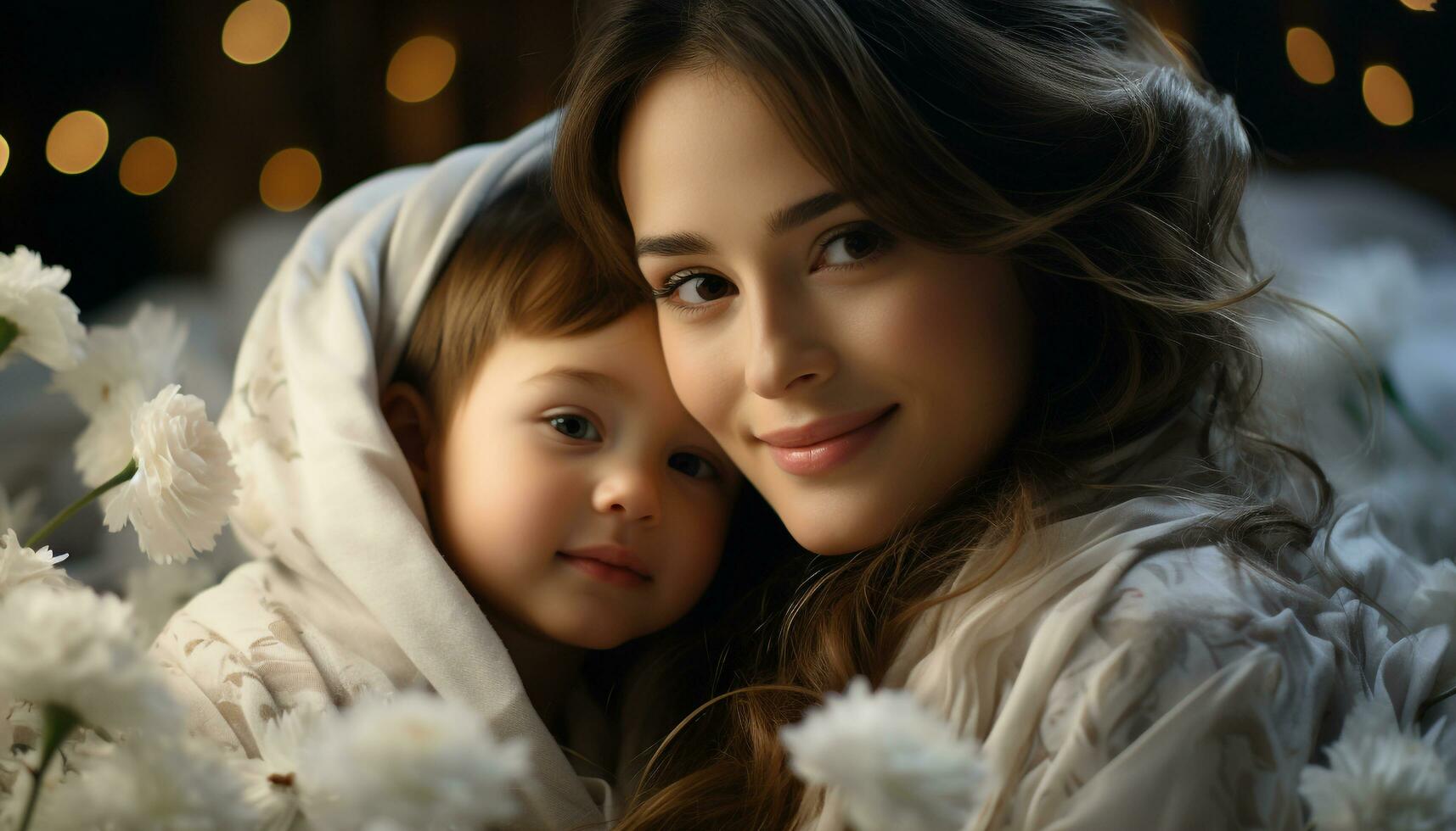 ai generado sonriente niño abraza madre, celebrando amor y felicidad generado por ai foto