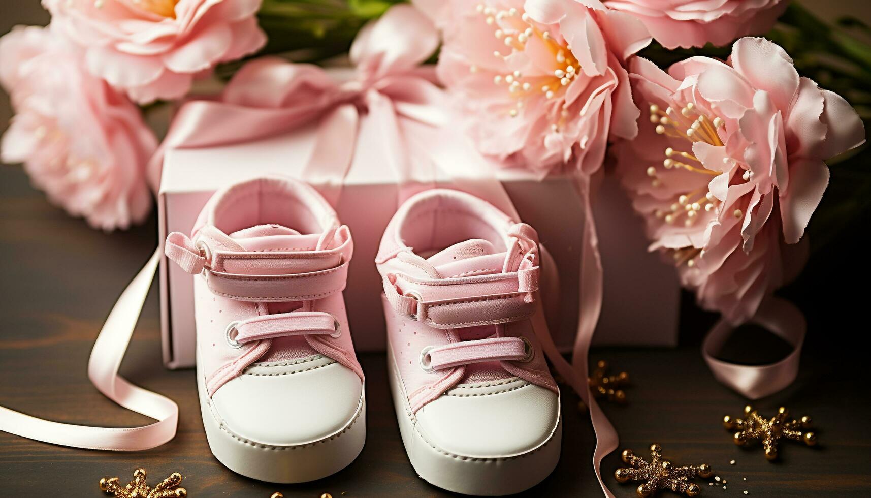 AI generated Baby booties on wood table, a gift of love generated by AI photo