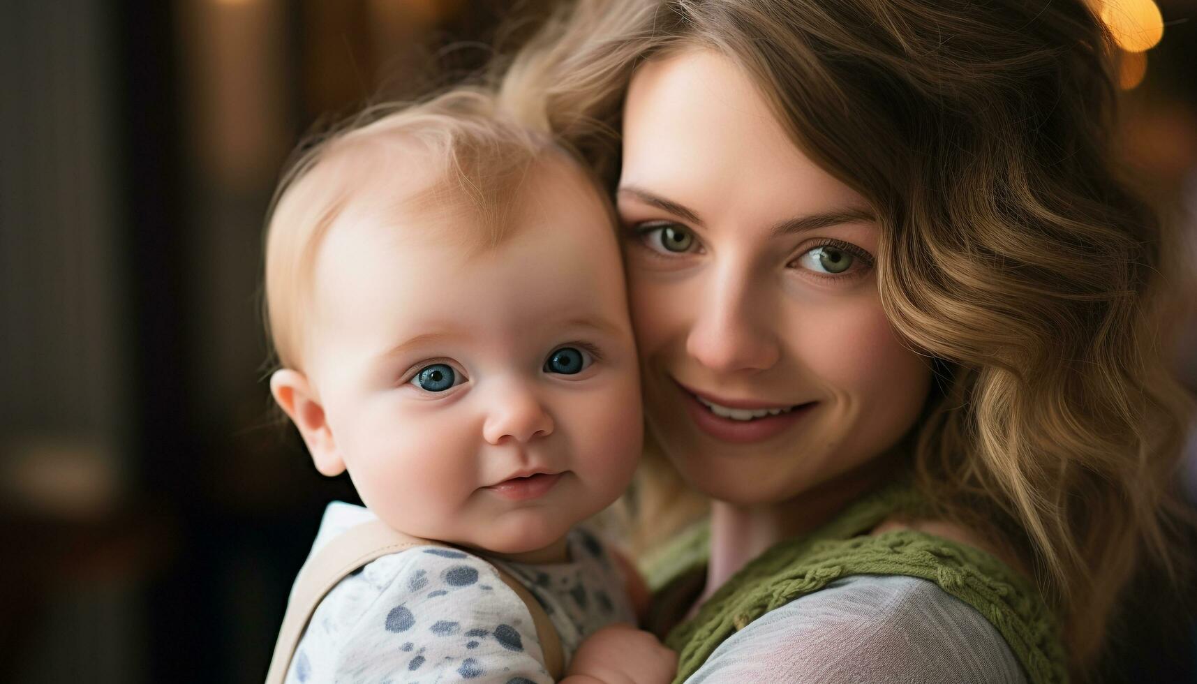 AI generated Smiling mother embracing cute baby, love and happiness generated by AI photo