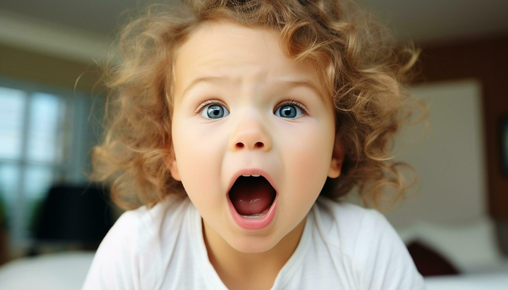 AI generated Cute Caucasian toddler screaming with joy indoors generated by AI photo