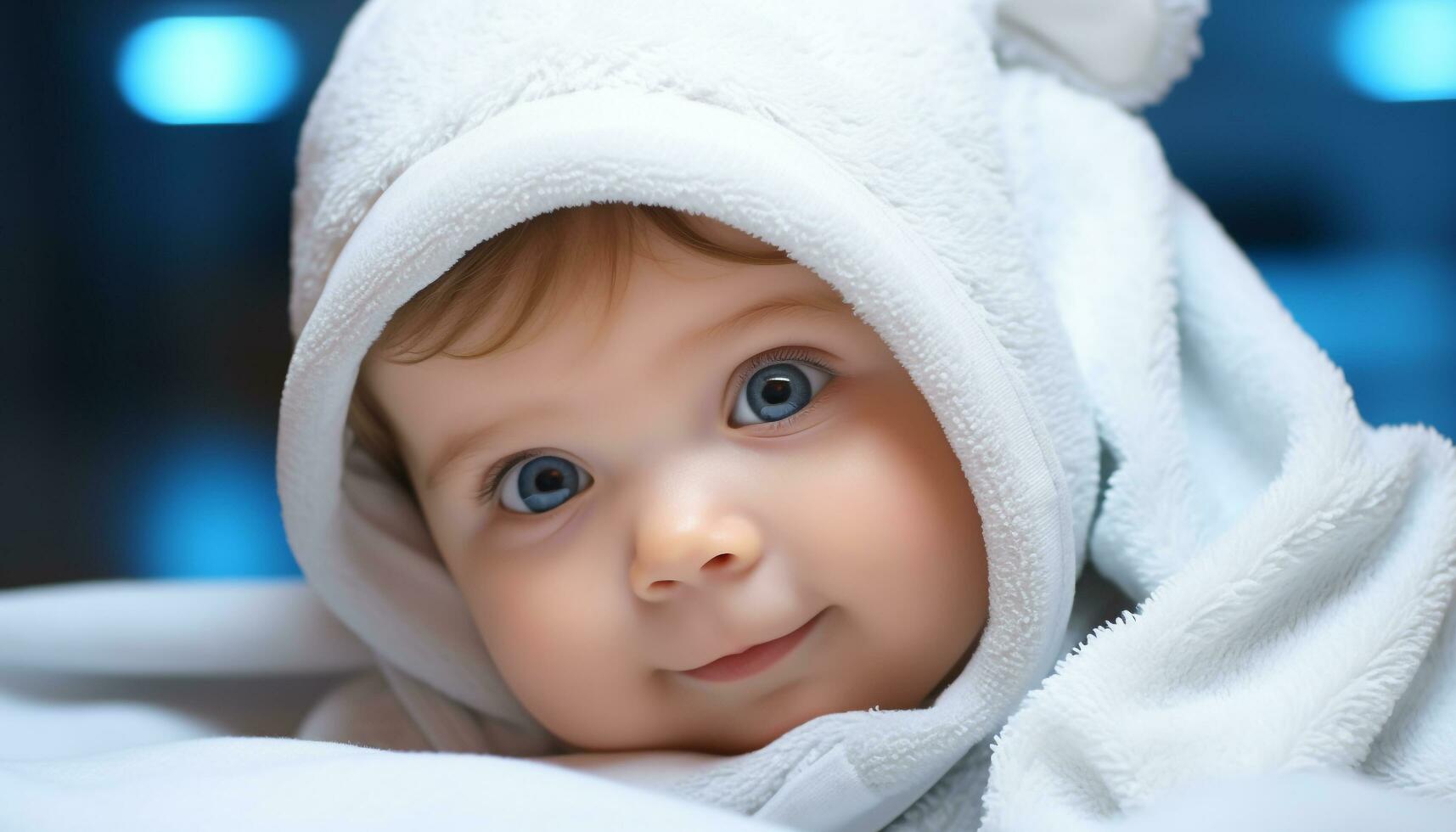ai generado linda bebé chico sonriente, envuelto en un toalla generado por ai foto