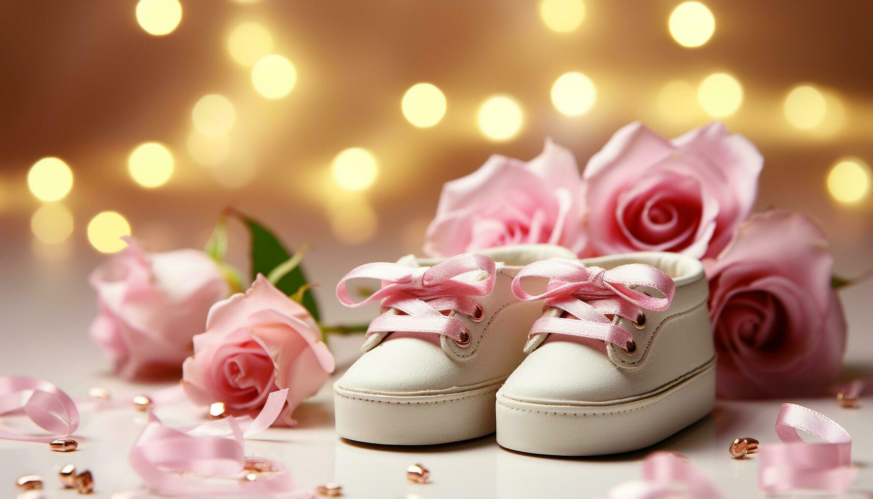 AI generated Pink flower, baby shoe, love, celebration, decoration, small generated by AI photo