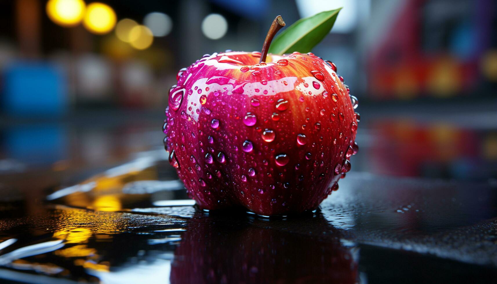 AI generated Fresh strawberry drop reflects on glass table generated by AI photo