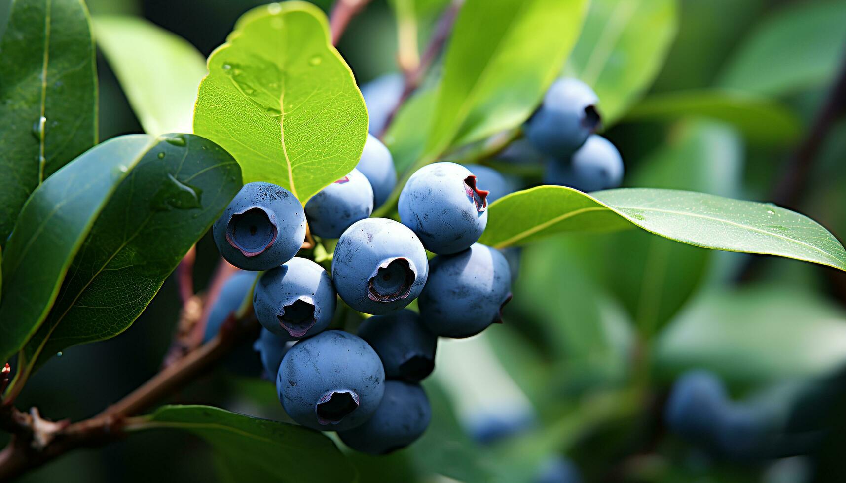 AI generated Fresh blueberries on a green leaf in nature generated by AI photo