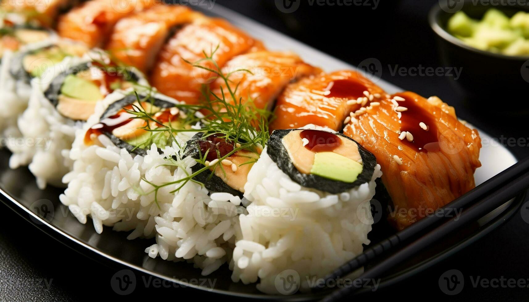 AI generated Fresh seafood meal, gourmet plate, Japanese culture generated by AI photo