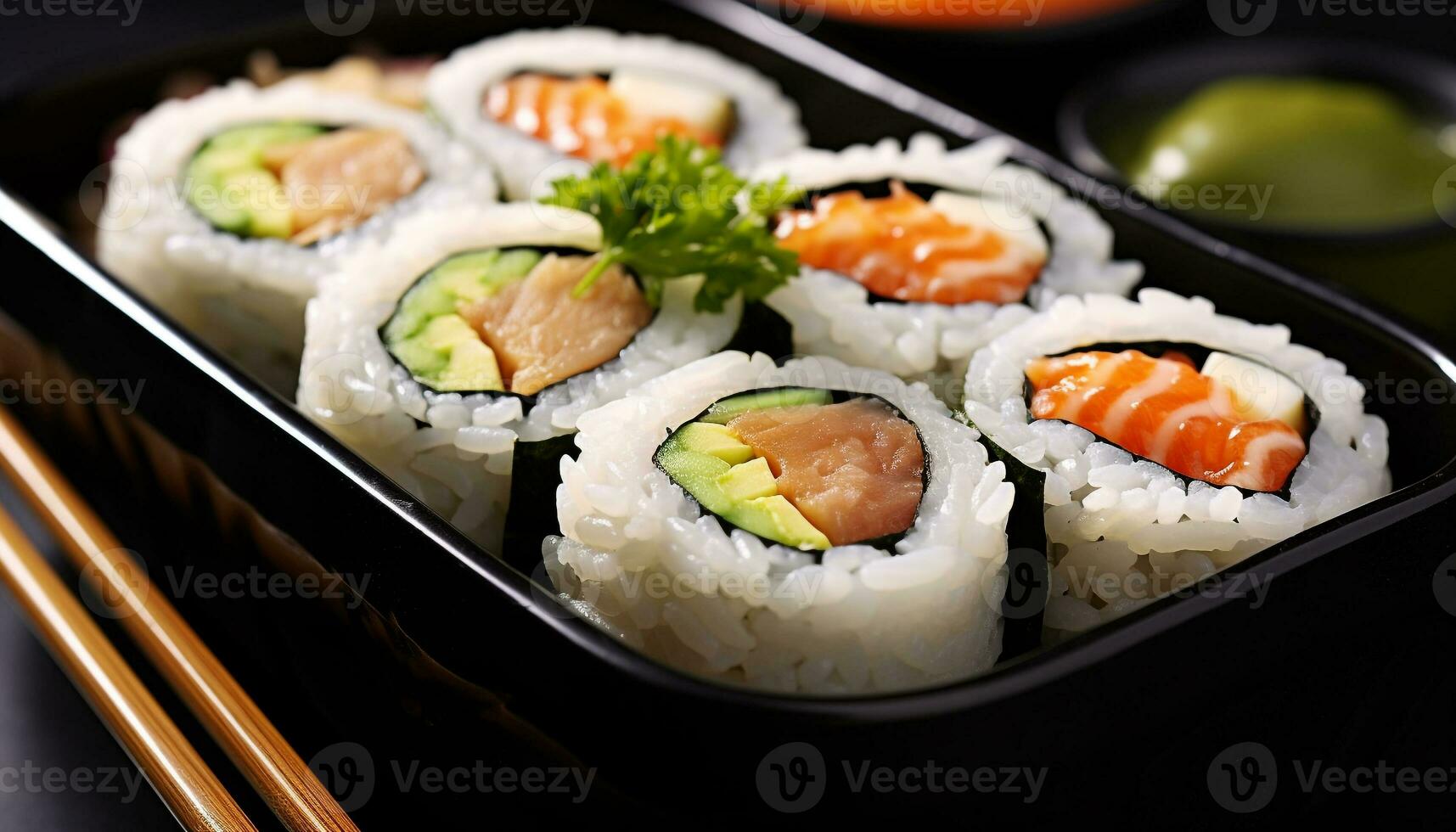 AI generated Freshness and cultures on plate  sushi, rice, fish generated by AI photo