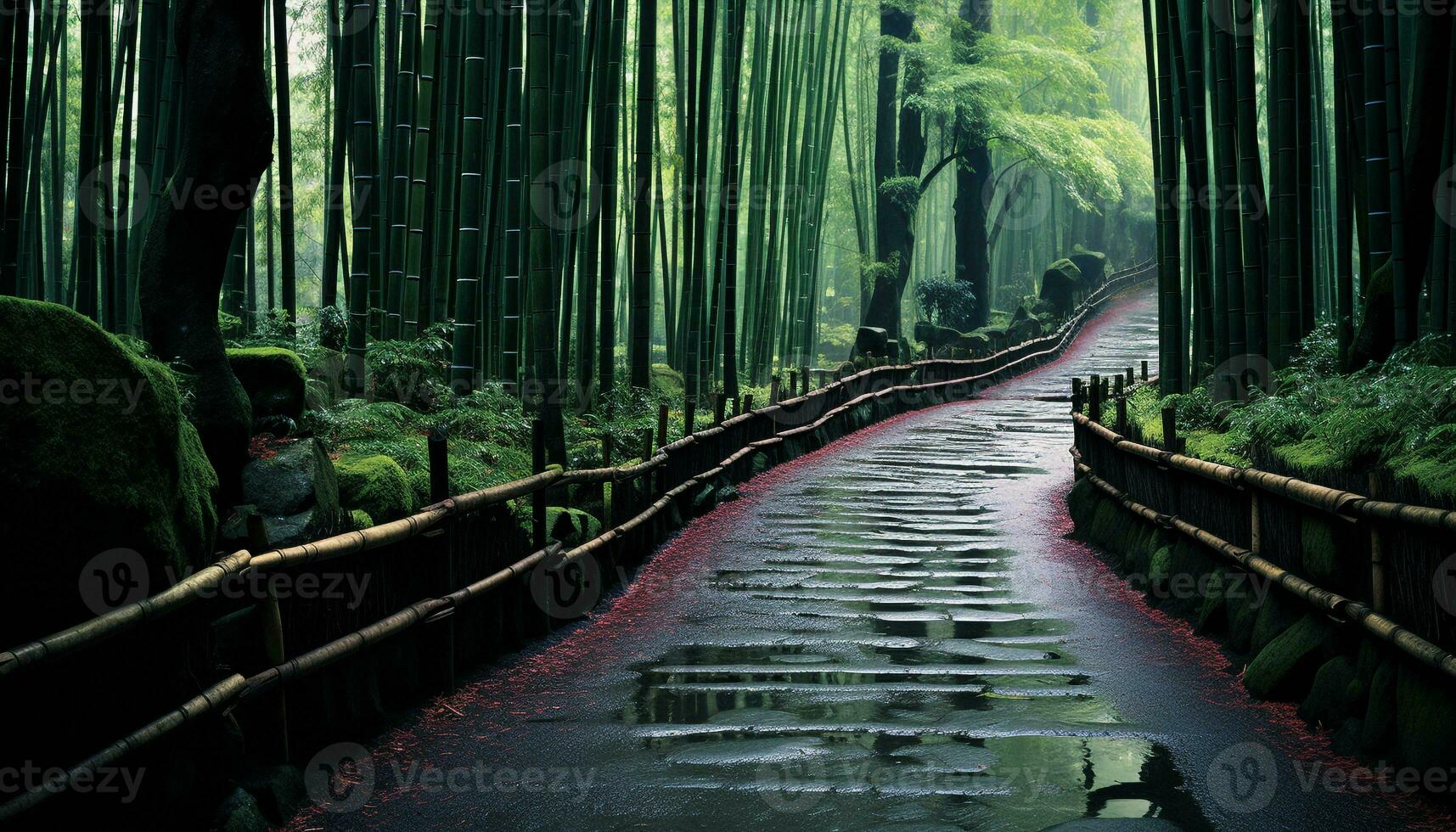 AI generated Tranquil scene of a green forest footpath generated by AI photo