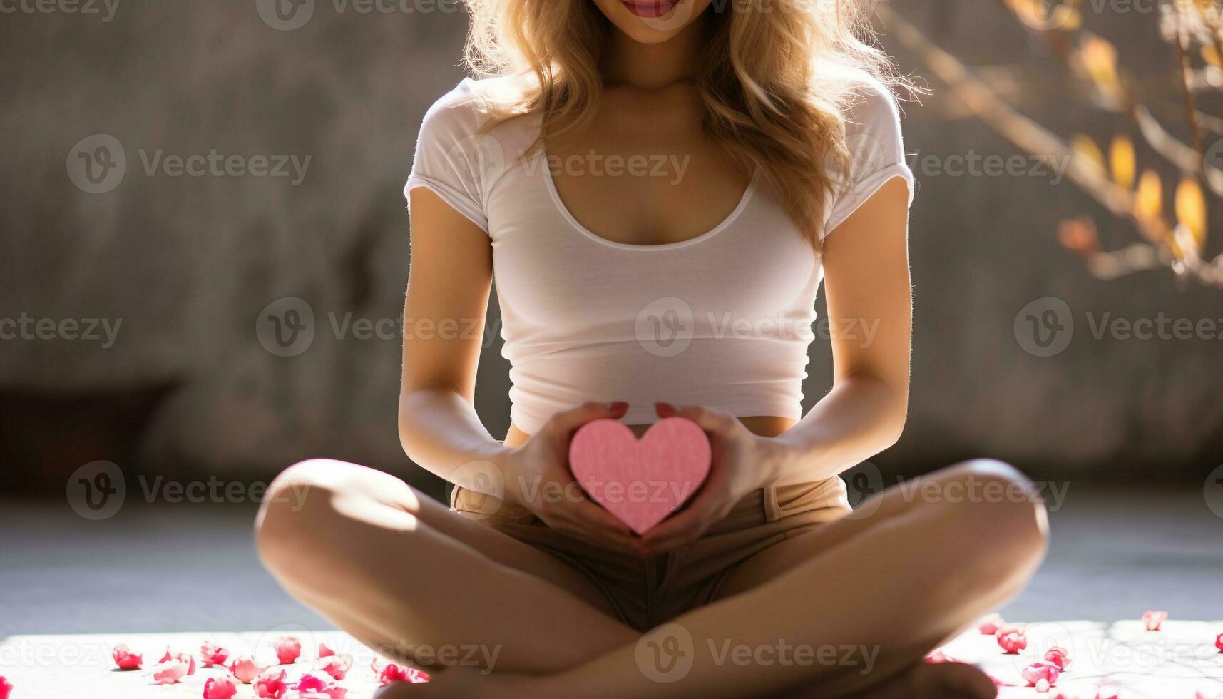 AI generated Smiling woman holding heart shape, enjoying indoor relaxation generated by AI photo