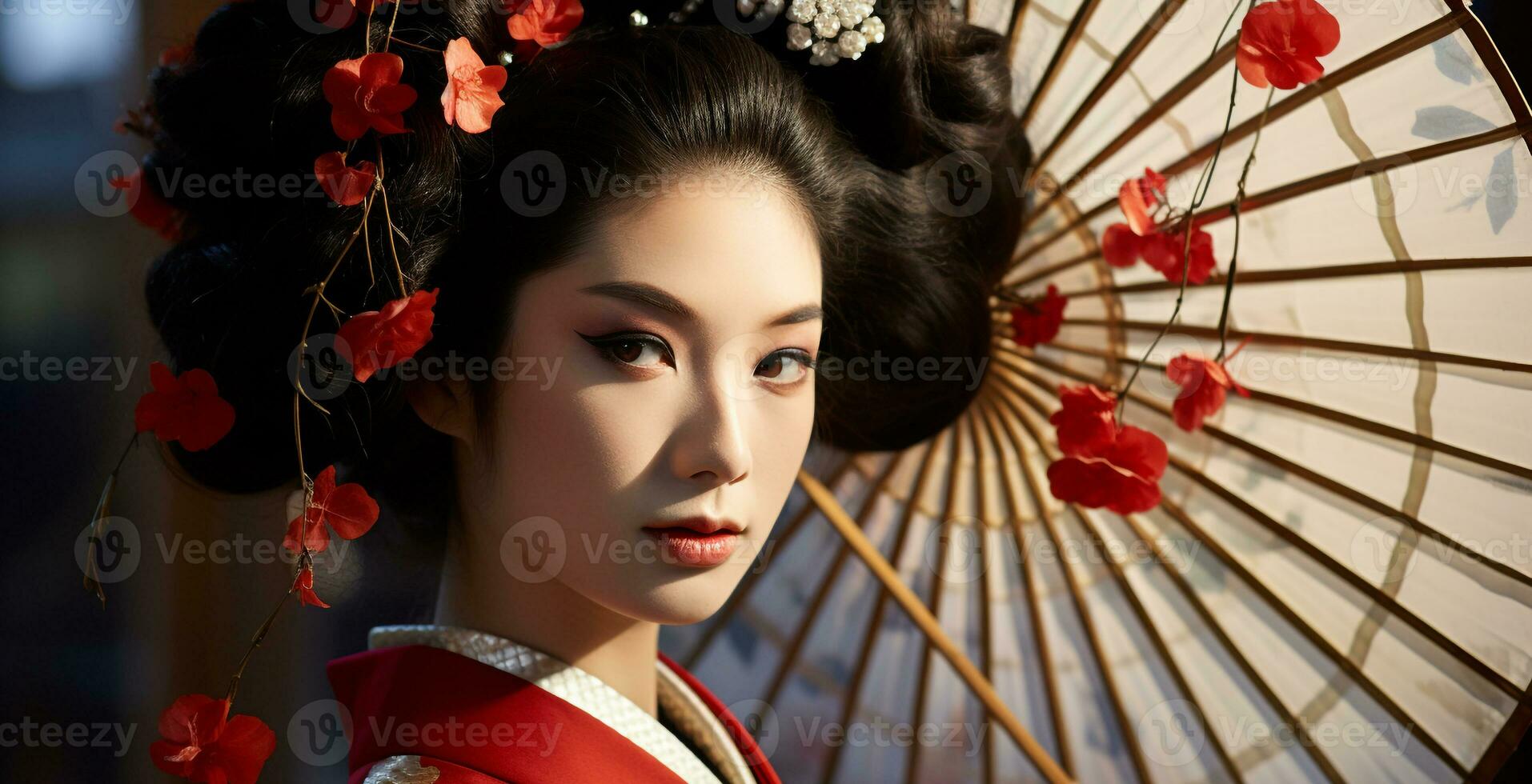 AI generated Beautiful young woman in traditional Japanese geisha attire generated by AI photo