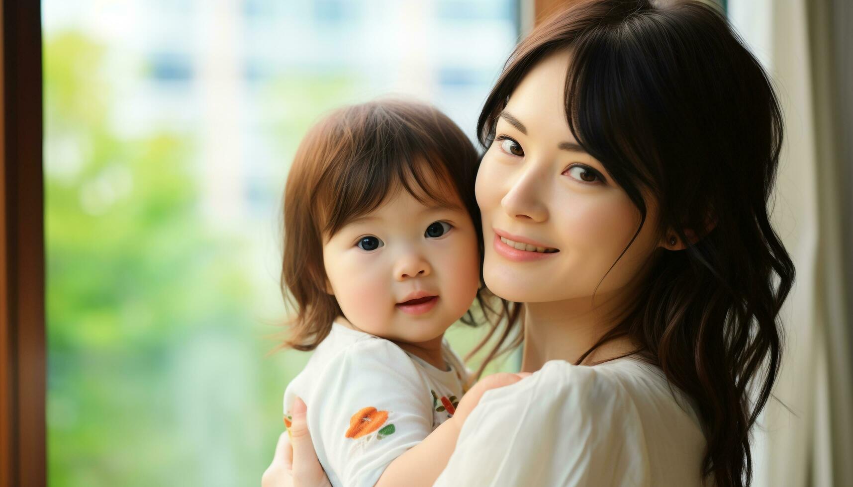 AI generated Smiling child and mother embrace, radiating happiness generated by AI photo