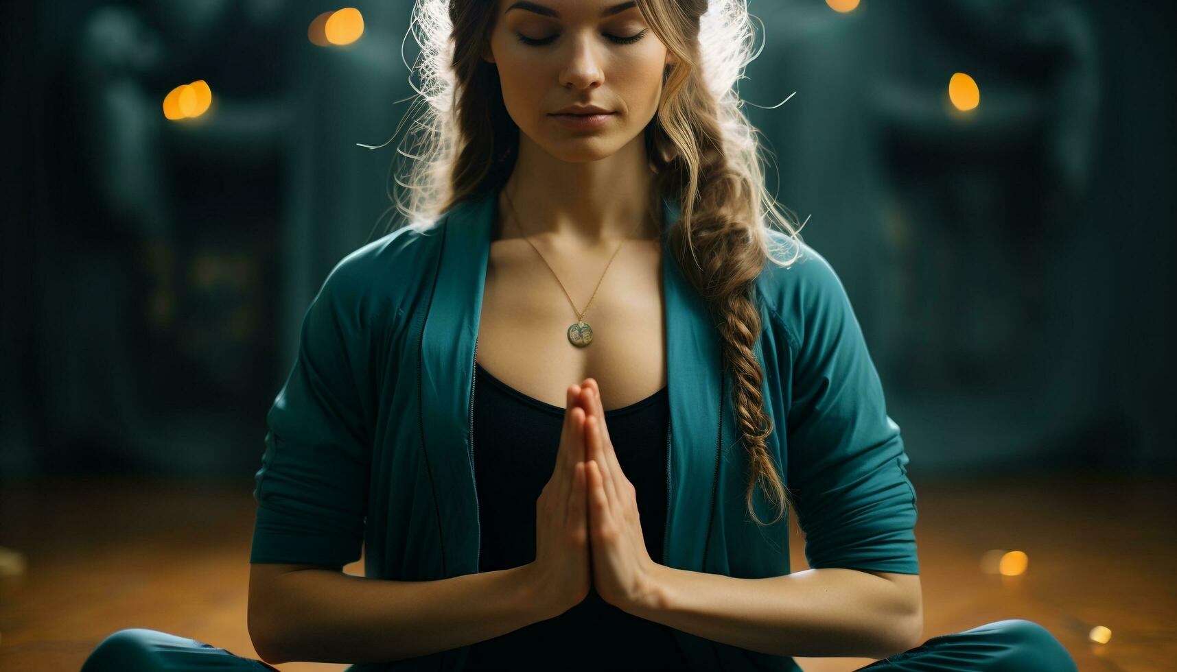 AI generated Young woman meditating indoors, eyes closed, serene and focused generated by AI photo