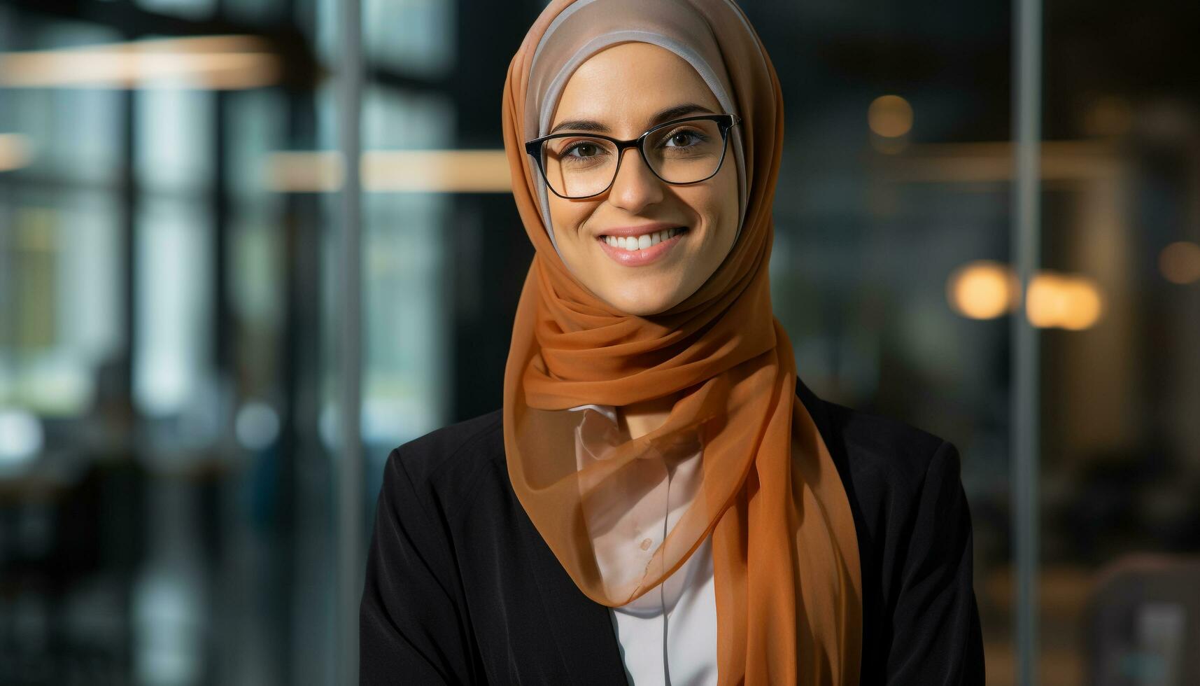 ai generado sonriente mujer de negocios en hijab exuda confianza y elegancia generado por ai foto