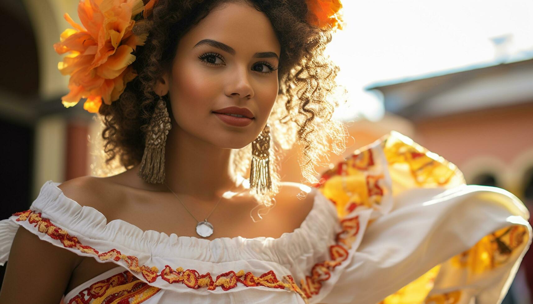 ai generado sonriente joven mujer en tradicional ropa al aire libre generado por ai foto