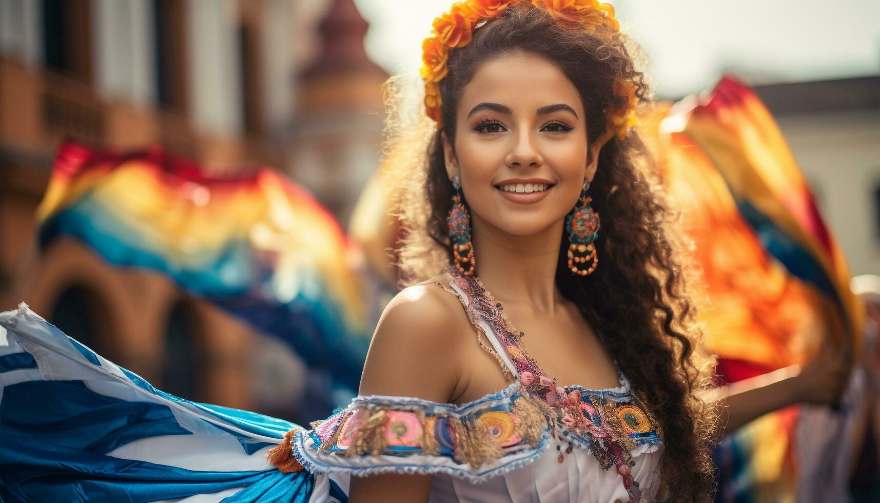 ai generado sonriente mujer en tradicional ropa celebrar brasileño cultura generado por ai foto