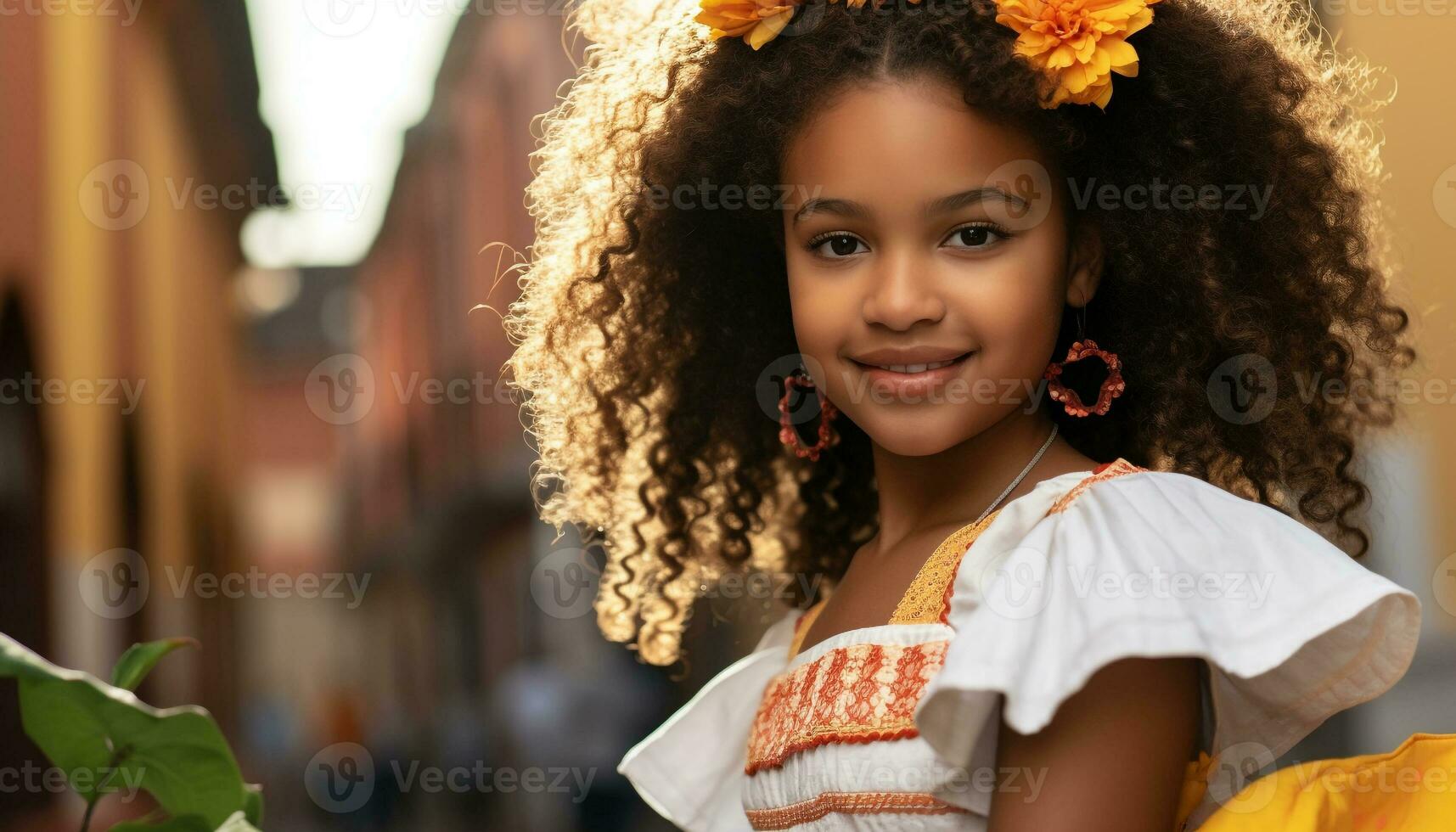 AI generated Smiling African girl in traditional clothing, outdoors portrait generated by AI photo