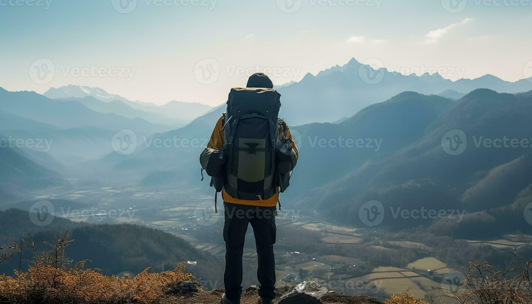 AI generated One person hiking to the mountain peak generated by AI photo