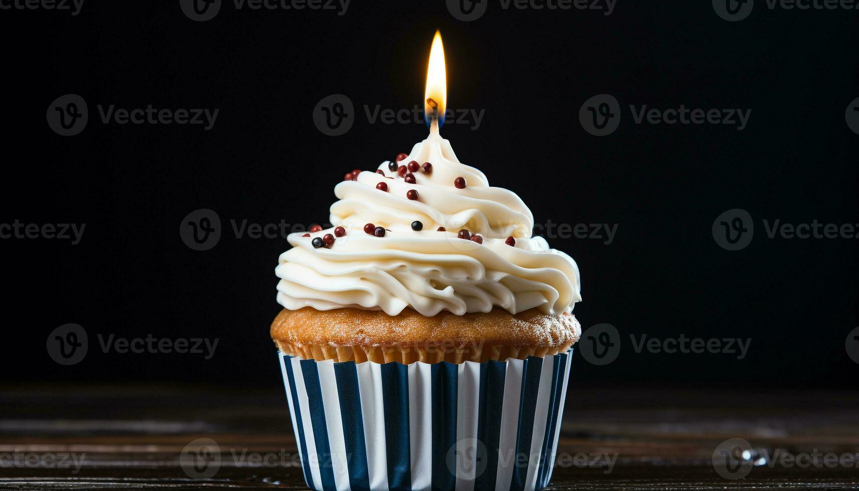 AI generated Birthday cupcake with chocolate icing and candle flame generated by AI photo