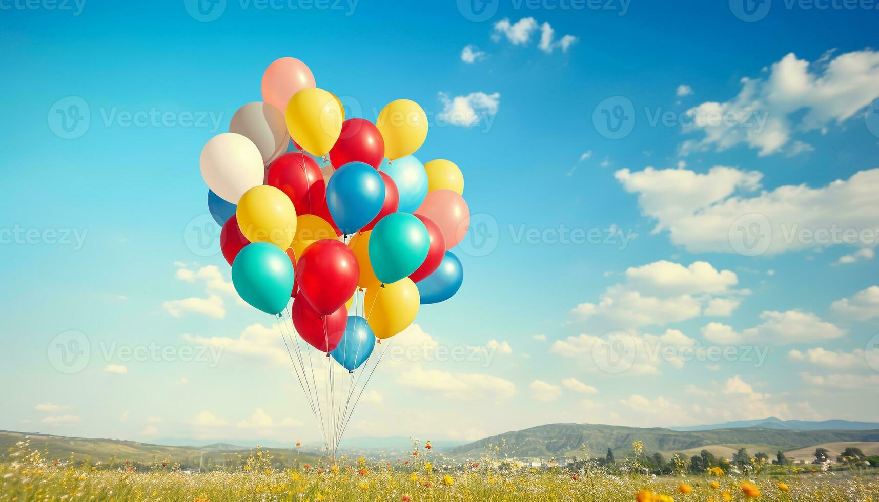AI generated Joyful celebration in nature, colorful balloons flying high generated by AI photo