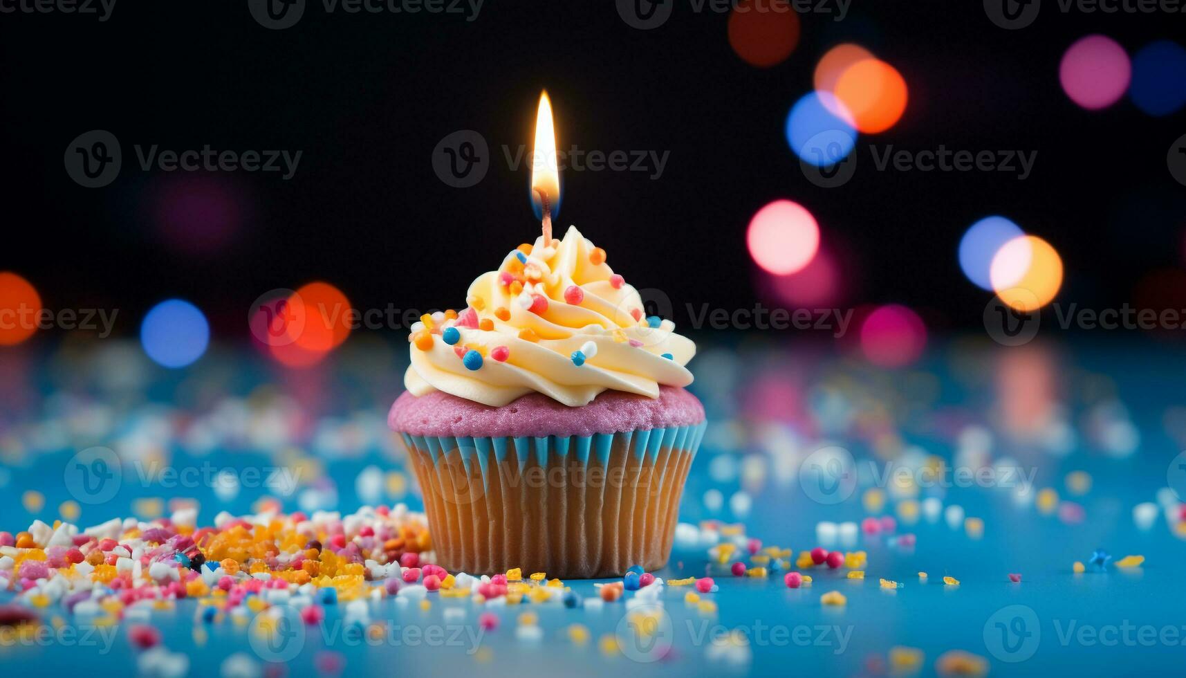AI generated Multi colored cupcake with candle, icing, and decoration generated by AI photo