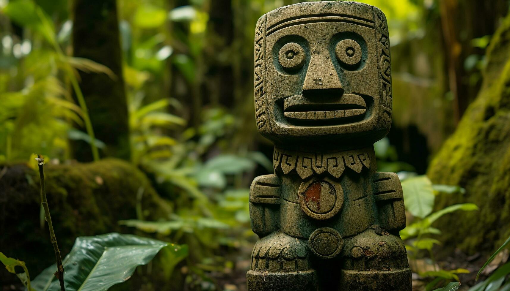 AI generated Ancient idol sculpture symbolizes spirituality in tropical forest generated by AI photo