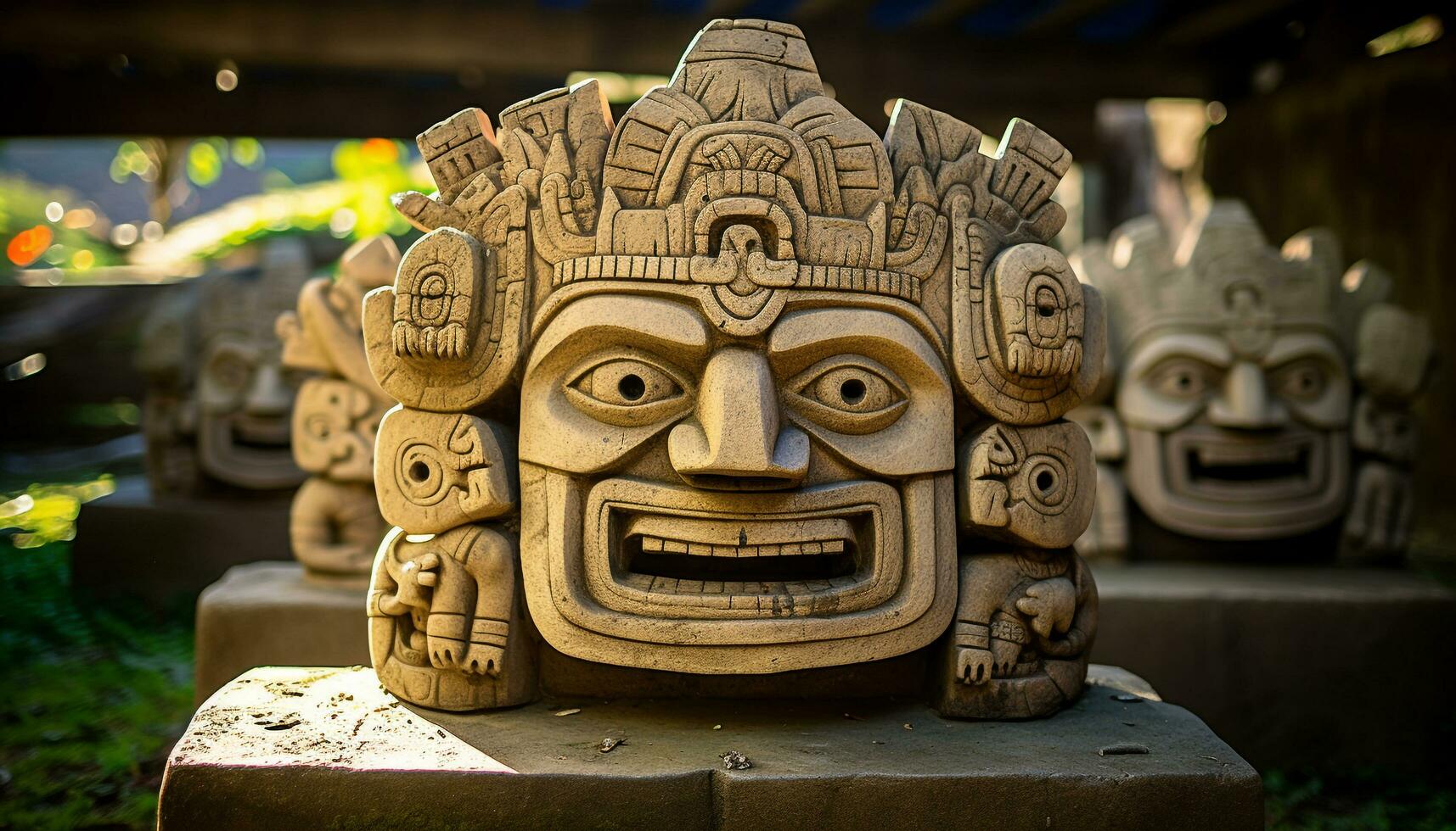 ai generado antiguo escultura de sonriente balinés hombres en naturaleza generado por ai foto