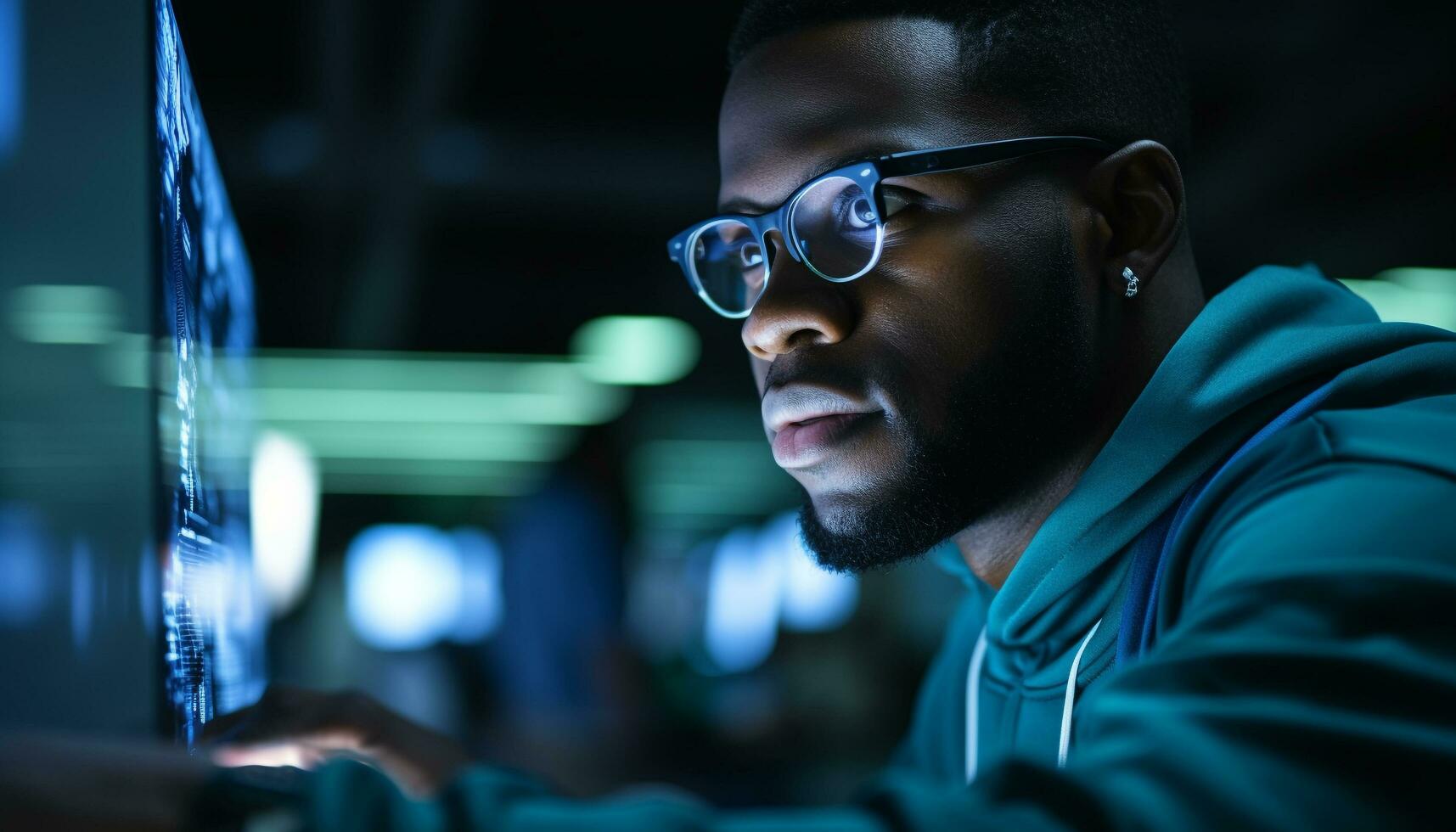 AI generated Young African American businessman working on technology indoors generated by AI photo
